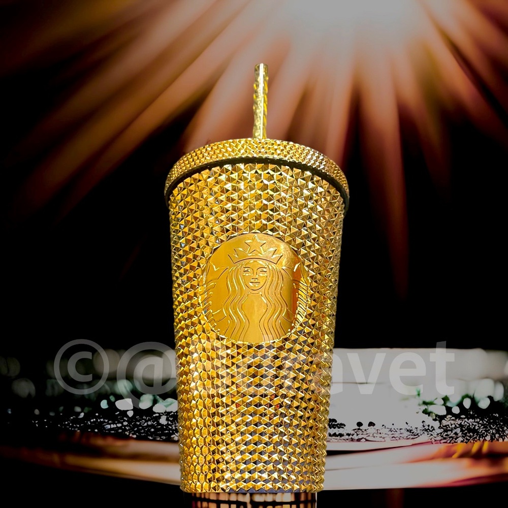 STARBUCKS 16 OZ GOLD METALLIC TUMBLER+LID+STRAW- RARE- SPECIAL LIMITED EDITION